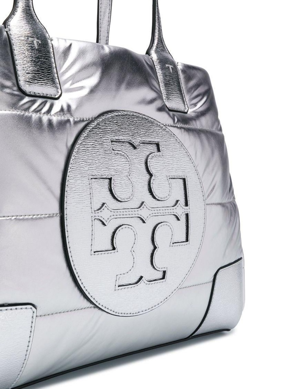 Tory Burch Puffer Ella Silver Metallic Tote Carry All Work Travel Bag - Picture 4 of 11